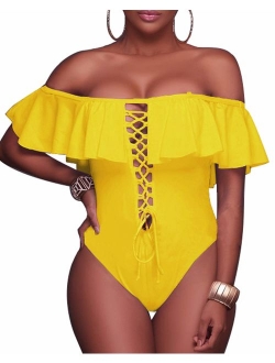 Women's Sexy One Piece Lace Up Ruffled Off Shoulder Flounce Swimsuits