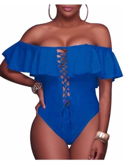 Women's Sexy One Piece Lace Up Ruffled Off Shoulder Flounce Swimsuits