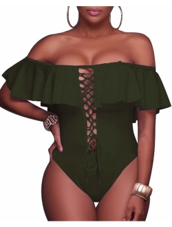 Women's Sexy One Piece Lace Up Ruffled Off Shoulder Flounce Swimsuits