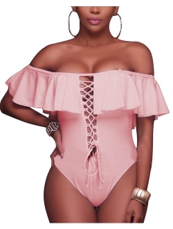 Women's Sexy One Piece Lace Up Ruffled Off Shoulder Flounce Swimsuits