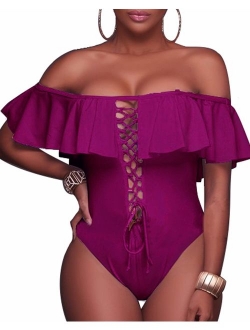 Women's Sexy One Piece Lace Up Ruffled Off Shoulder Flounce Swimsuits