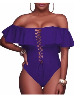 Women's Sexy One Piece Lace Up Ruffled Off Shoulder Flounce Swimsuits