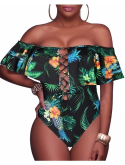 Women's Sexy One Piece Lace Up Ruffled Off Shoulder Flounce Swimsuits