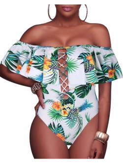 Women's Sexy One Piece Lace Up Ruffled Off Shoulder Flounce Swimsuits