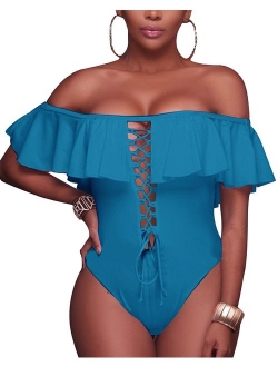 Women's Sexy One Piece Lace Up Ruffled Off Shoulder Flounce Swimsuits