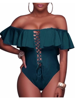 Women's Sexy One Piece Lace Up Ruffled Off Shoulder Flounce Swimsuits