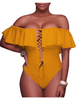 Women's Sexy One Piece Lace Up Ruffled Off Shoulder Flounce Swimsuits