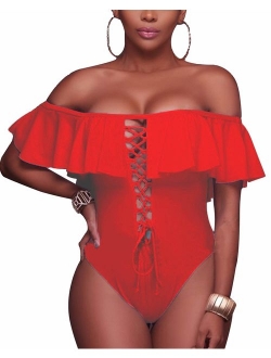 Women's Sexy One Piece Lace Up Ruffled Off Shoulder Flounce Swimsuits