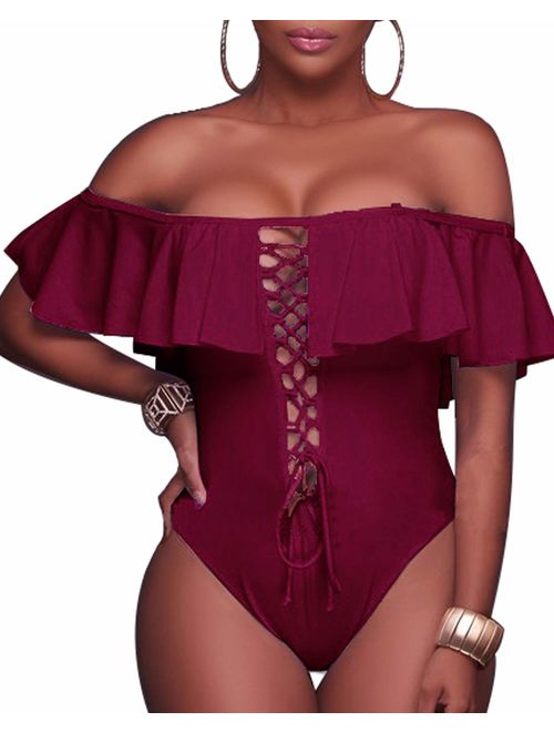 Tempt Me Women's Sexy One Piece Lace Up Ruffled Off Shoulder Flounce Swimsuits