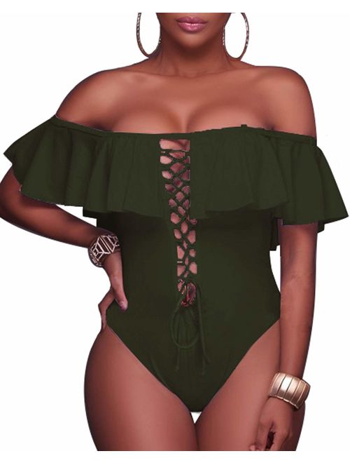 Tempt Me Women's Sexy One Piece Lace Up Ruffled Off Shoulder Flounce Swimsuits