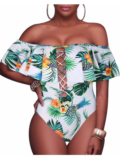 Tempt Me Women's Sexy One Piece Lace Up Ruffled Off Shoulder Flounce Swimsuits