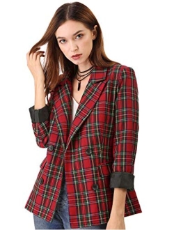 Women's Christmas Notched Lapel Double Breasted Plaid Formal Blazer Jacket