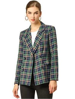 Women's Christmas Notched Lapel Double Breasted Plaid Formal Blazer Jacket