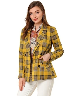 Women's Christmas Notched Lapel Double Breasted Plaid Formal Blazer Jacket