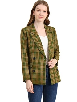 Women's Christmas Notched Lapel Double Breasted Plaid Formal Blazer Jacket