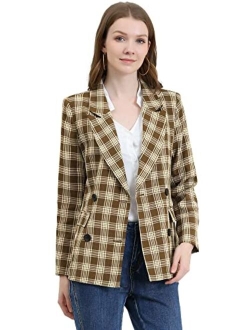 Women's Christmas Notched Lapel Double Breasted Plaid Formal Blazer Jacket