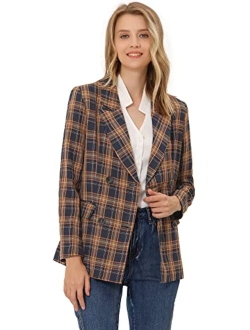 Women's Christmas Notched Lapel Double Breasted Plaid Formal Blazer Jacket