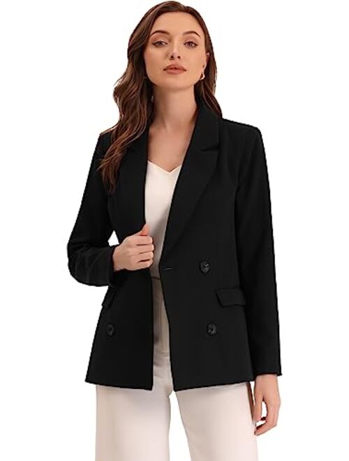 Allegra K Women's Christmas Notched Lapel Double Breasted Plaid Formal Blazer Jacket