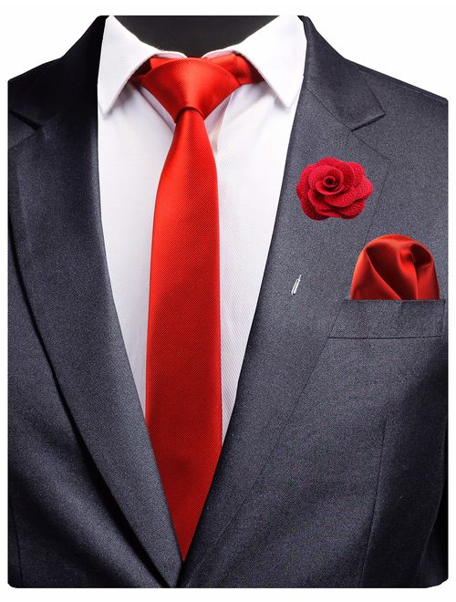 GUSLESON 2.4" Slim Necktie and Handkerchief Set For Men Solid Skinny Tie Brooch Set