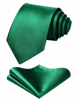 Mens Solid Color Ties Formal Satin Necktie and Pocket Square Set Wedding, by HISDERN