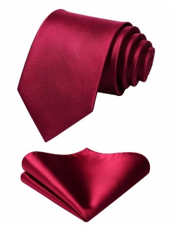 Mens Solid Color Ties Formal Satin Necktie and Pocket Square Set Wedding, by HISDERN