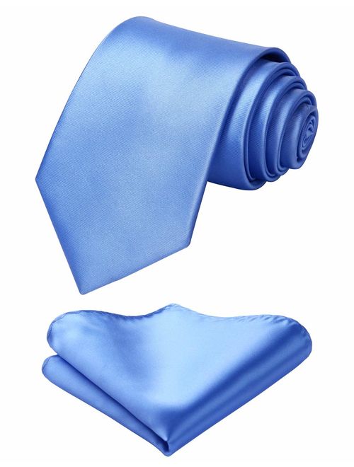 Mens Solid Color Ties Formal Satin Necktie and Pocket Square Set Wedding, by HISDERN