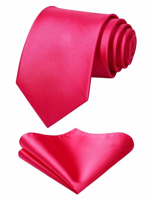 Mens Solid Color Ties Formal Satin Necktie and Pocket Square Set Wedding, by HISDERN