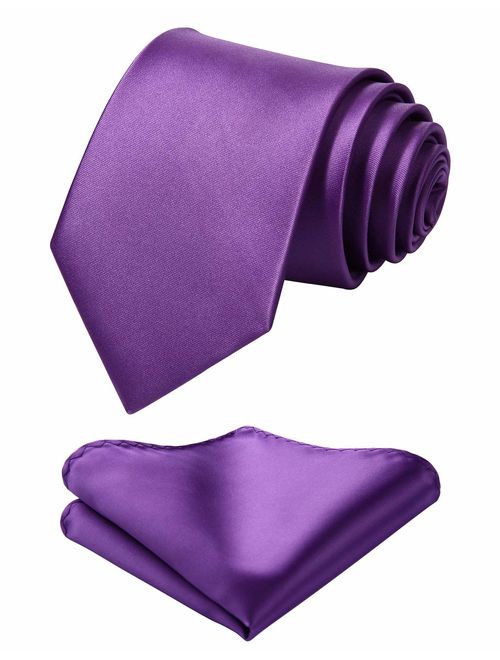 Mens Solid Color Ties Formal Satin Necktie and Pocket Square Set Wedding, by HISDERN