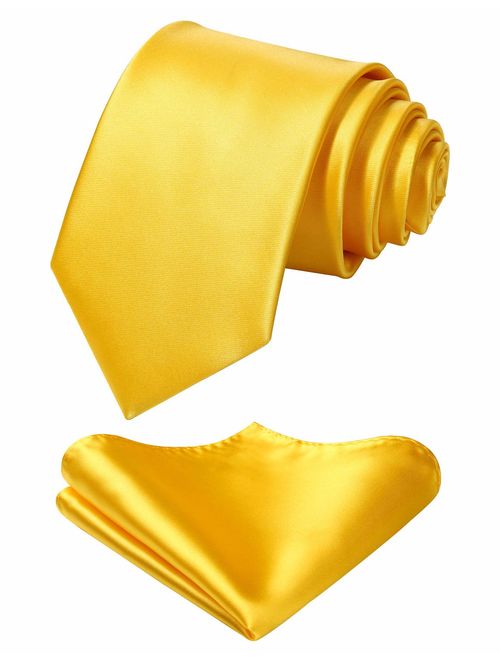 Mens Solid Color Ties Formal Satin Necktie and Pocket Square Set Wedding, by HISDERN