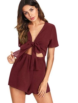 Women's Sexy V Neck Self Tie Front Short Romper Jumpsuit Playsuit