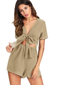 Women's Sexy V Neck Self Tie Front Short Romper Jumpsuit Playsuit