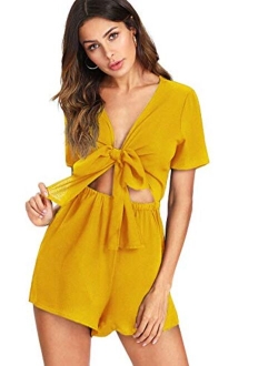 Women's Sexy V Neck Self Tie Front Short Romper Jumpsuit Playsuit