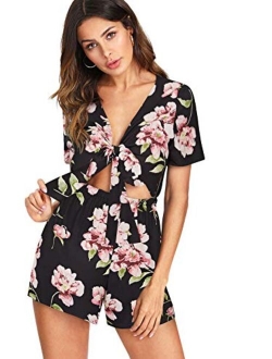 Women's Sexy V Neck Self Tie Front Short Romper Jumpsuit Playsuit