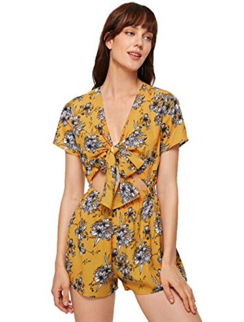 SweatyRocks Women's Sexy V Neck Self Tie Front Short Romper Jumpsuit Playsuit