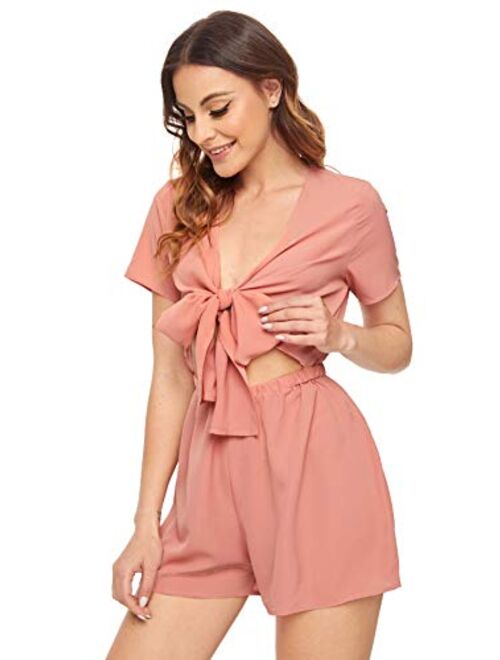 SweatyRocks Women's Sexy V Neck Self Tie Front Short Romper Jumpsuit Playsuit