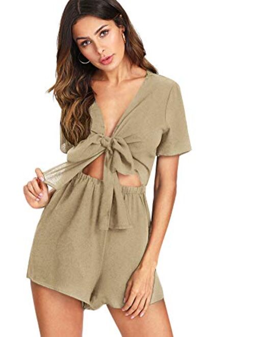 SweatyRocks Women's Sexy V Neck Self Tie Front Short Romper Jumpsuit Playsuit