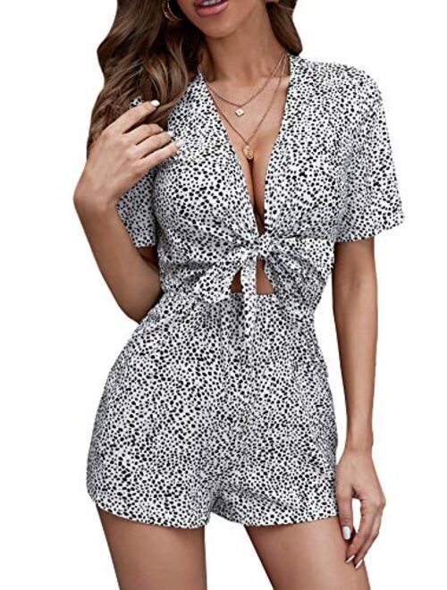 SweatyRocks Women's Sexy V Neck Self Tie Front Short Romper Jumpsuit Playsuit