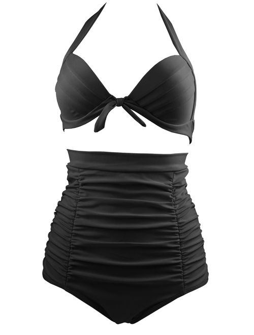 COCOSHIP Solid Black Elegant Vintage High Waisted Bikini Ruched Swimsuit Halter Swimwear(FBA)