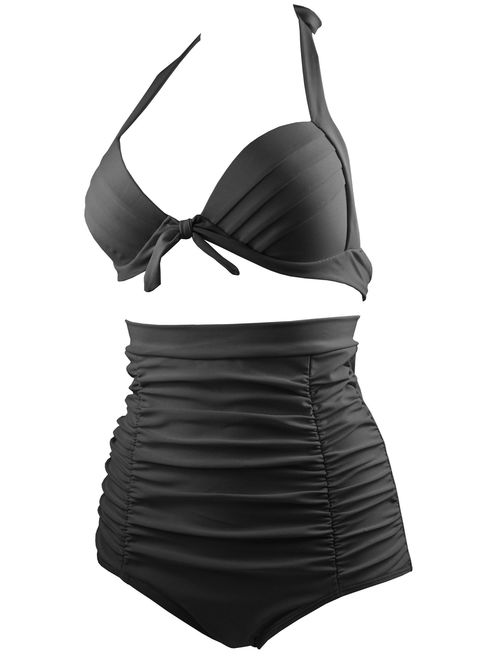 COCOSHIP Solid Black Elegant Vintage High Waisted Bikini Ruched Swimsuit Halter Swimwear(FBA)