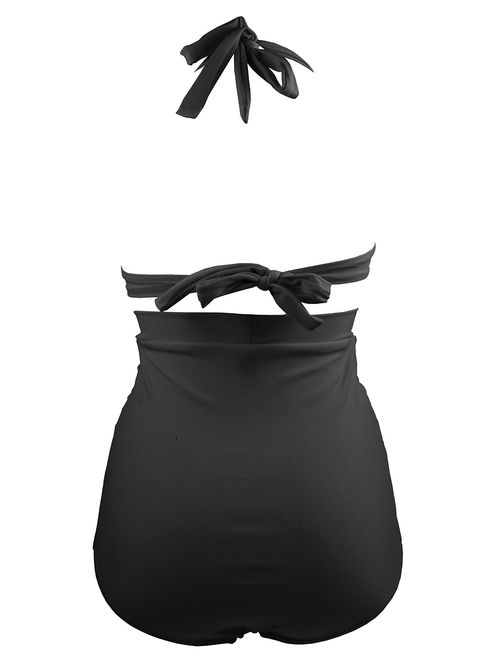 COCOSHIP Solid Black Elegant Vintage High Waisted Bikini Ruched Swimsuit Halter Swimwear(FBA)