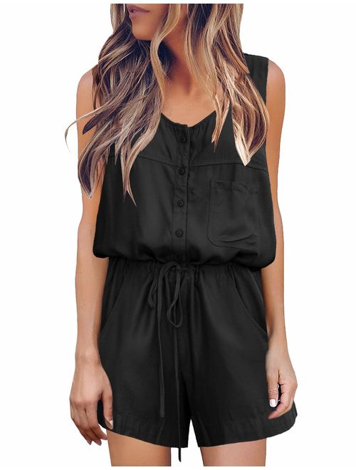 luvamia Women's Casual Short Sleeve Belted Overlay Keyhole Back Jumpsuits Romper