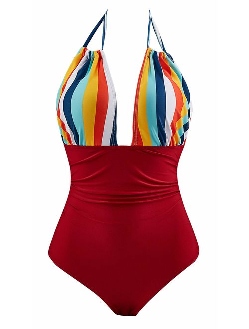 Eomenie Women's One Piece Swimsuits Tummy Control Halter Slimming Bathing Suit Plunge 1 Piece Swimsuit for Woman