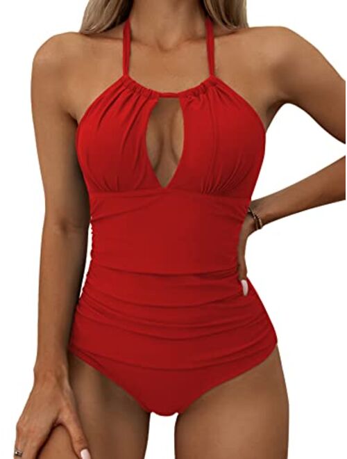 Eomenie Women's One Piece Swimsuits Tummy Control Halter Slimming Bathing Suit Plunge 1 Piece Swimsuit for Woman