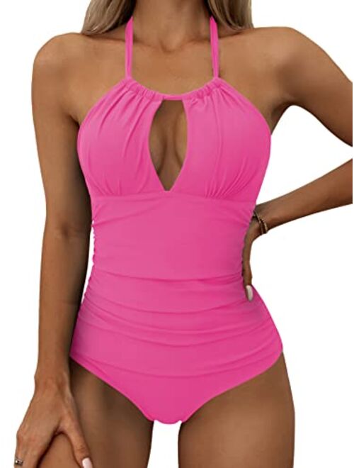 Eomenie Women's One Piece Swimsuits Tummy Control Halter Slimming Bathing Suit Plunge 1 Piece Swimsuit for Woman