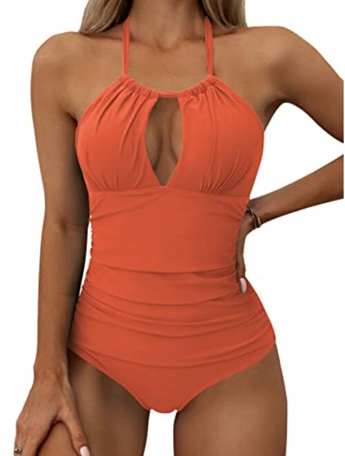 Eomenie Women's One Piece Swimsuits Tummy Control Halter Slimming Bathing Suit Plunge 1 Piece Swimsuit for Woman