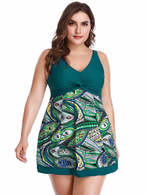 MiYang Women's Plus Size Printing Padded High Waist Swimdress