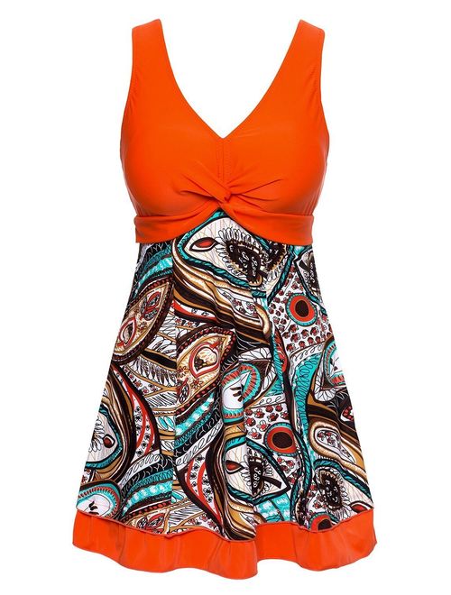 MiYang Women's Plus Size Printing Padded High Waist Swimdress