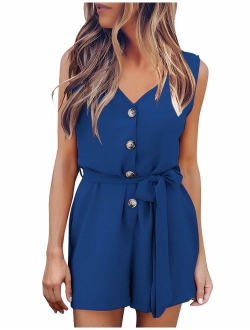 GRAPENT Women's V Neck Sleeveless Button Front Self Tie Romper Jumpsuit