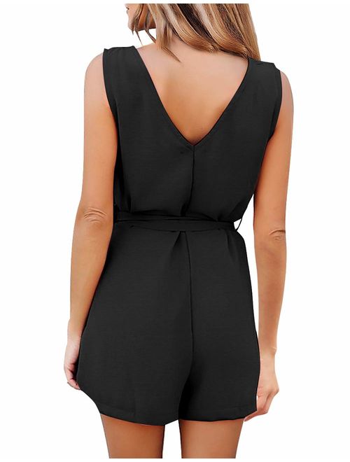 GRAPENT Women's V Neck Sleeveless Button Front Self Tie Romper Jumpsuit