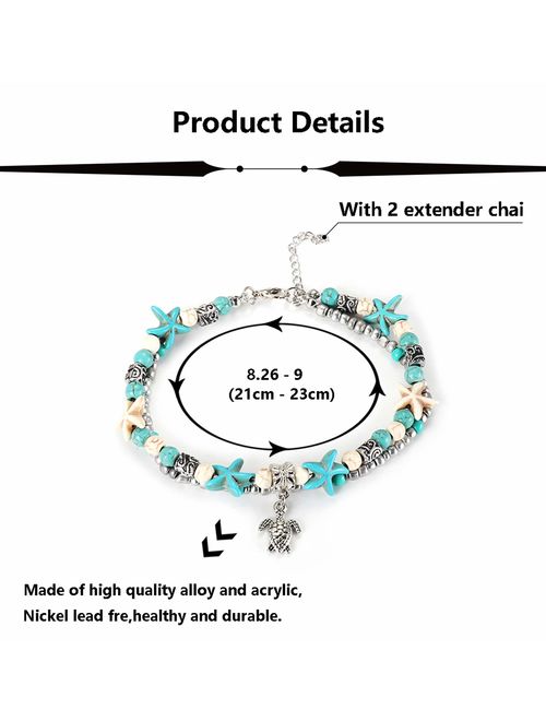 Finrezio 8PCS Anklets for Women Girls Adjustable Boho Turtle Starfish Beac Ankle Bracelets Foot Jewelry Set Handmade